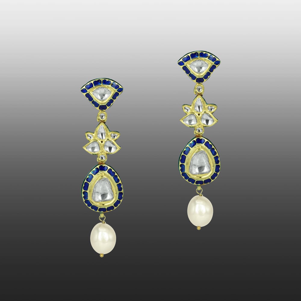 Teardrop Polki Earrings with Deep Blue Enamel